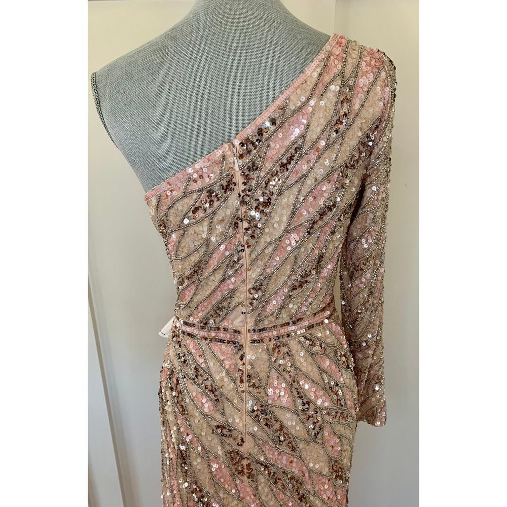 MacDuggal One Shoulder Sequin Gown Maxi in Pink/Silver Size 8 Beaded Long Sleeve - Picture 6 of 9